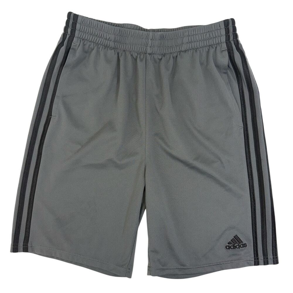 Adidas Boys XL 18/20 Gray Black Striped Athletic Shorts Drawstring Pockets